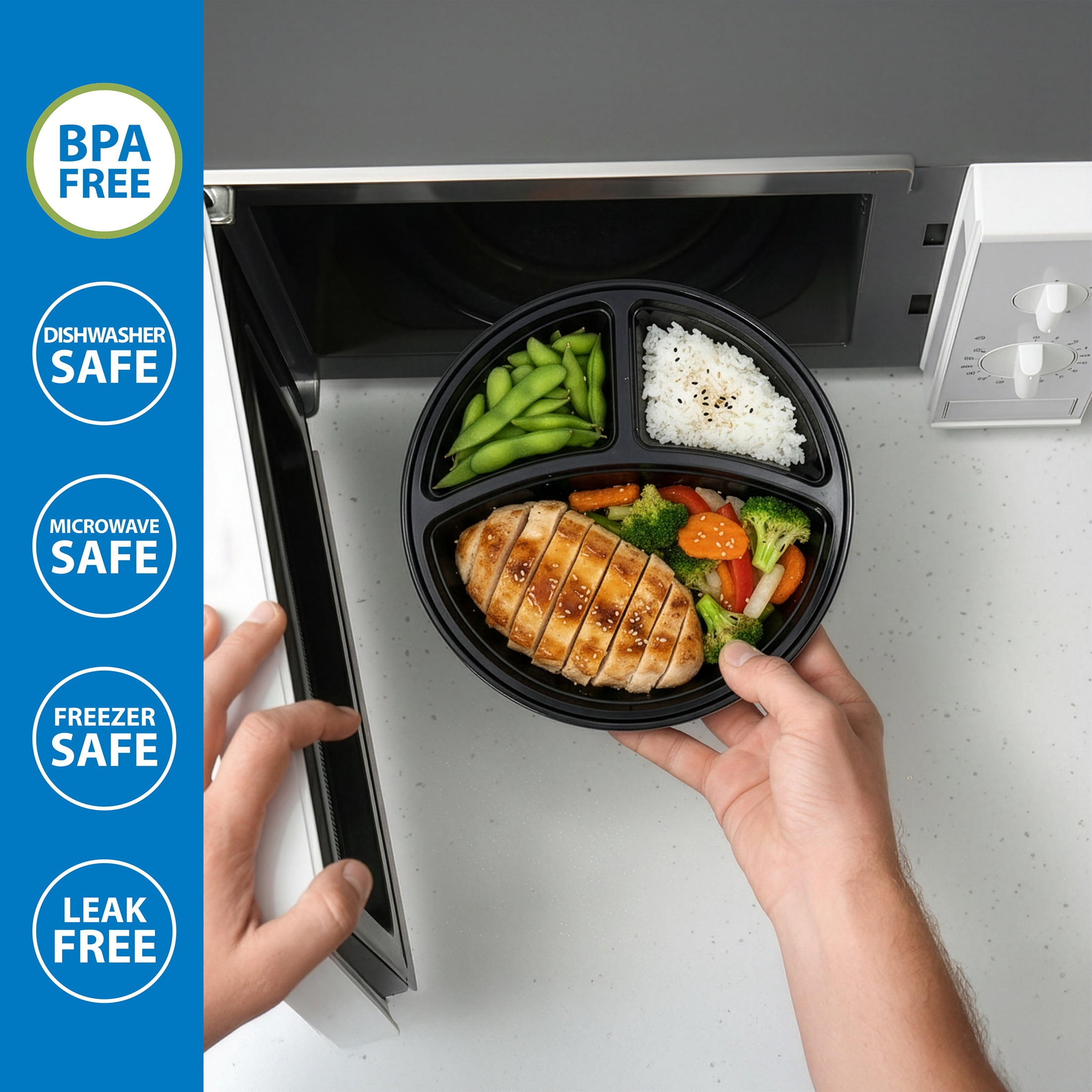 (2 pack) Mainstays 10-Piece (5 Containers + 5 Lids) Round Meal Prep Containers, 3-Compartments, 1L, BPA-Free, Microwave & Dishwasher Safe