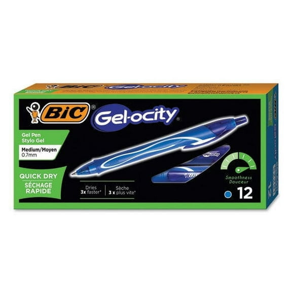 BIC Gel-ocity Quick Dry Gel Pen, Retractable, Medium 0.7 mm, Blue Ink, Blue Barrel, Dozen, Each