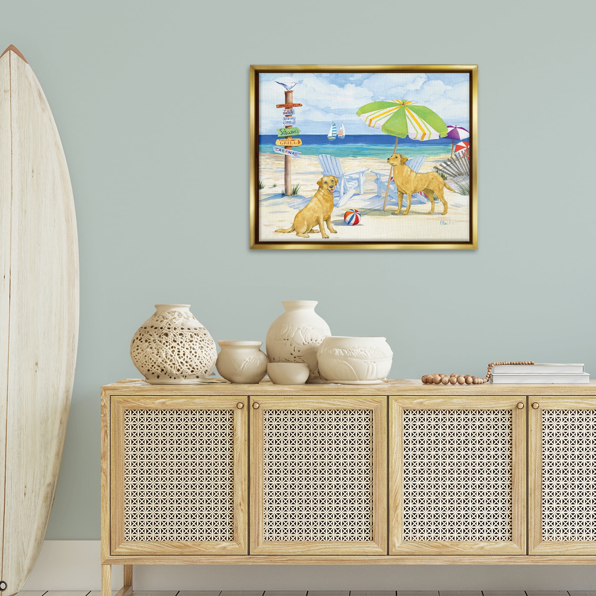 Stupell Industries Retriever Dogs at Beach Animals & Insects Painting Gold Floater Framed Canvas Art Print Wall Art, 31 x 25