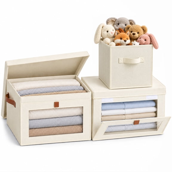 Cube Storage Bin with Lid, 3 Fabric Closet Organizer & Storage Cabinet Box Stackable Large Under Bed Storage with Handle & Window, Foldable Toy Book Storage Box Basket for Closet Shelf Dorm RV, Beige