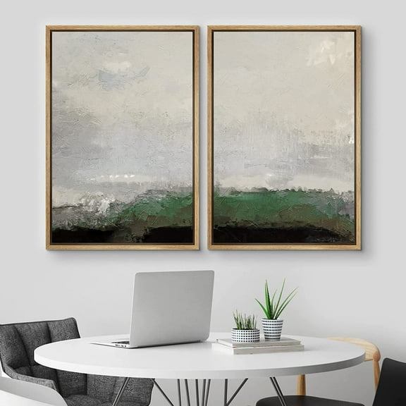 IDEA4WALL Framed Canvas Print Wall Art Set of 2 Watercolor Pastel Green & Gray Landscape Abstract Modern Art Decorative Boho Contemporary Artwork for Bedroom, Office - 16"x24"x2 Panels Natural