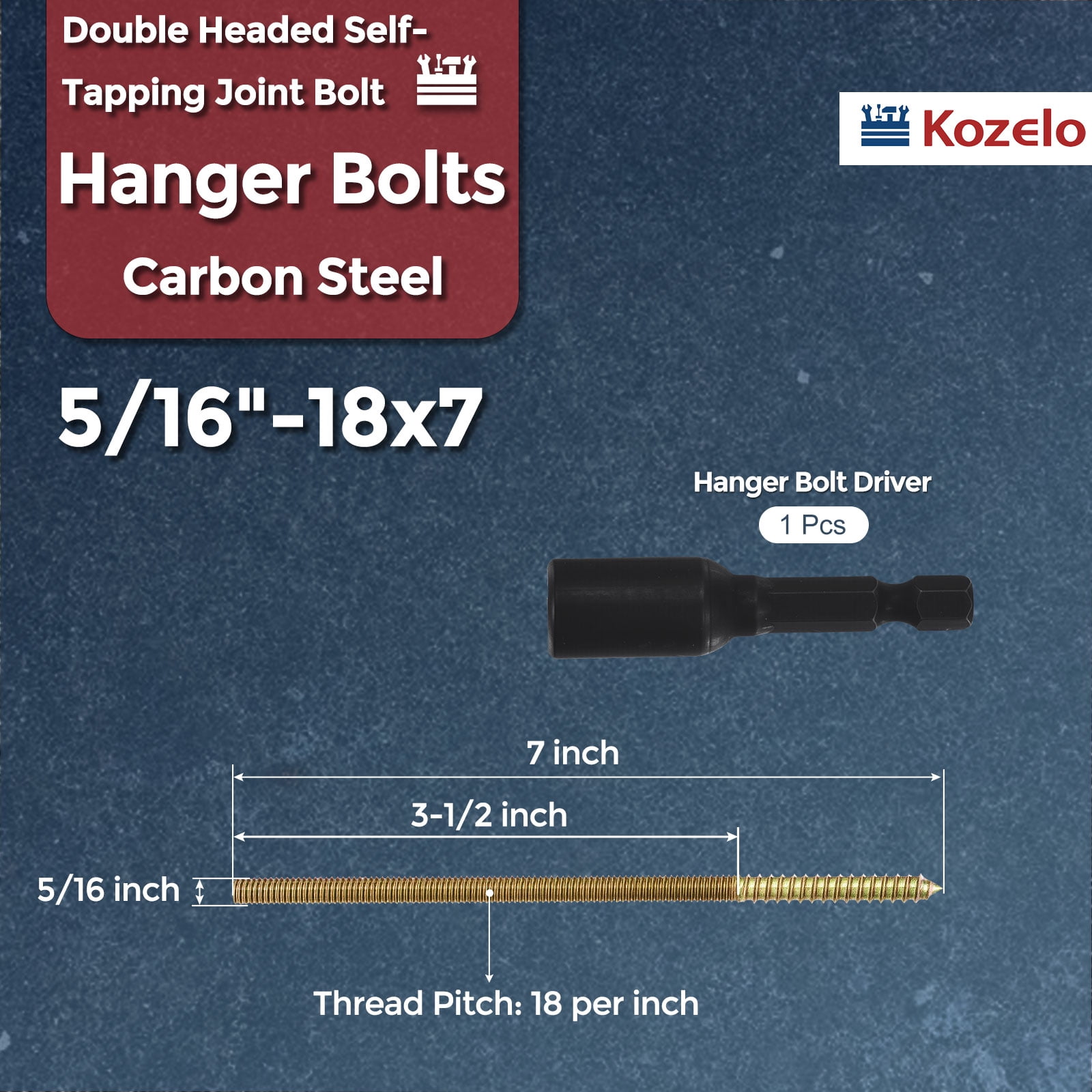 Uxcell 10pcs Hanger Bolts with Driver - [5/16"-18x7"] Double Headed Wood Dowel Self Tapping Screw Set for Furniture Repair, Dual Ended Thread Rod Joint Blot, Colored Zinc Coating