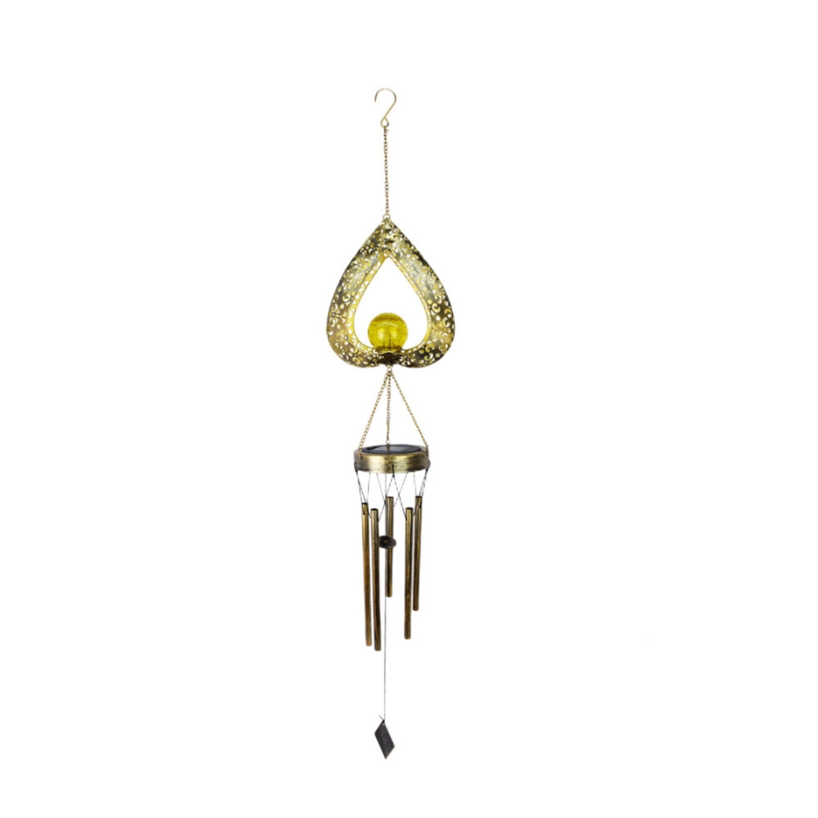 Solar Wind Chimes for Outside Vintage Iron Heart Wind Chime Light with Crackle Glass Waterproof Solar Powered Led Outdoor Hanging Decor for Garden Patio Balcony Valentine Gift for Women