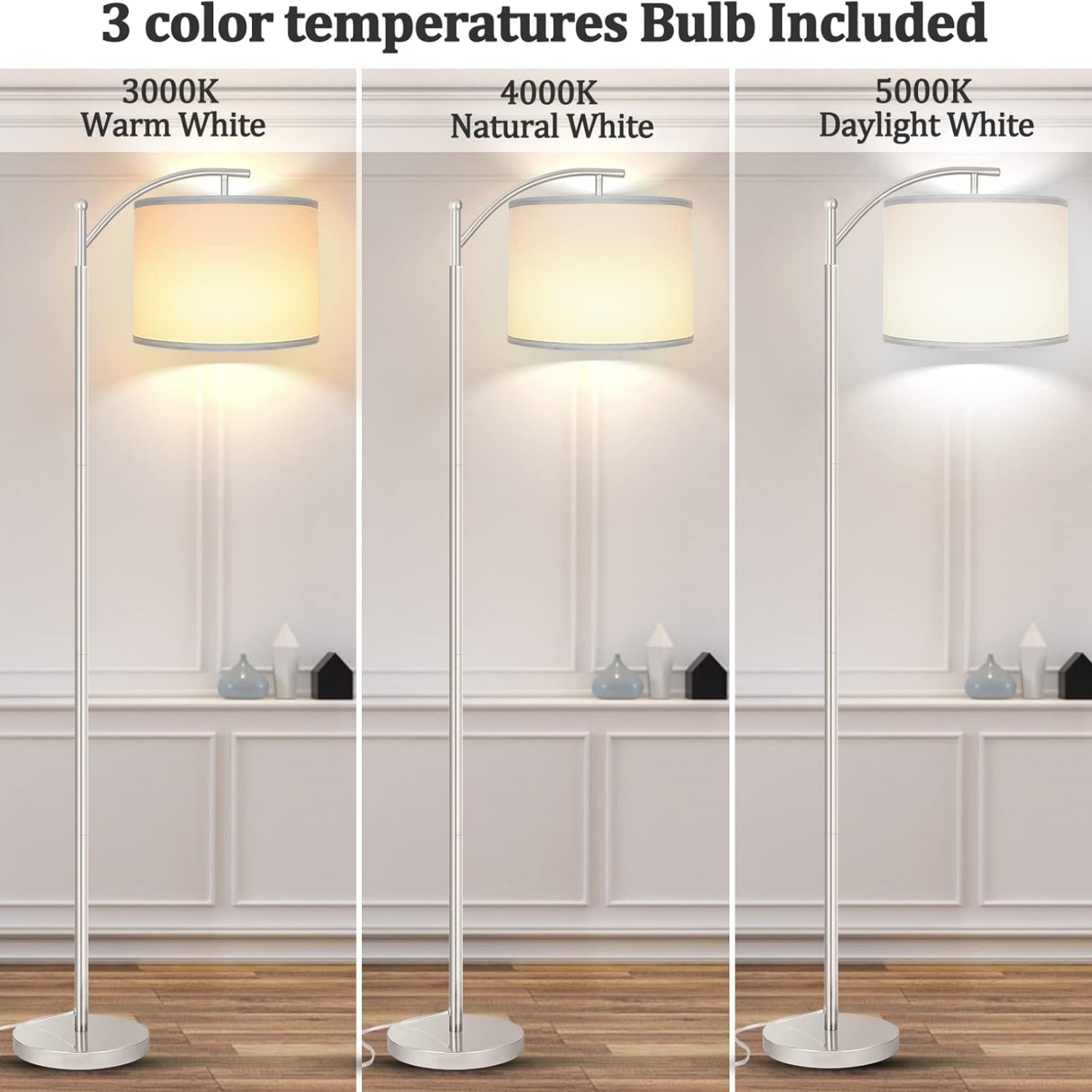 Floor Lamp for Living Room with 3 Color Temperatures LED Bulb, Standing Lamp Tall Floor Lamp Reading for Bedroom, Office (9W LED Bulb, White Lampshade Included) -Silver
