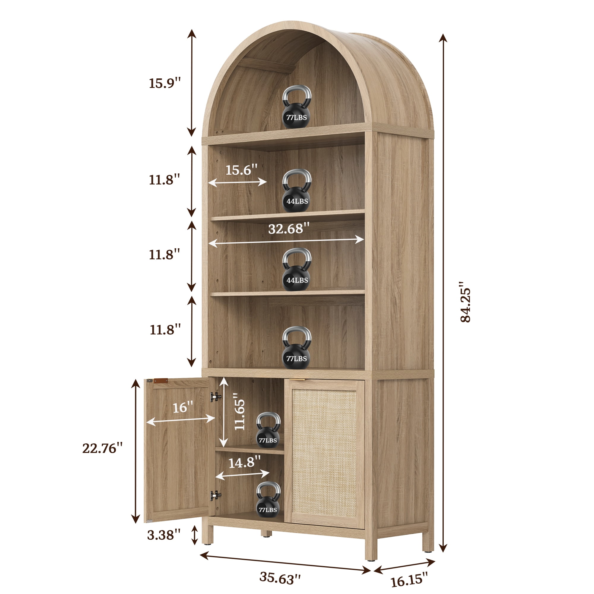 SICOTAS 84.2" Tall Rattan Pantry Cabinet with Adjustable Shelves - Large Farmhouse Kitchen Storage Organizer, Boho Dining Room Cabinet, Freestanding Arched Food Pantry with Doors ,Reclaimed Light Oak