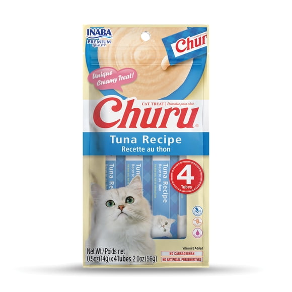 INABA Churu Cat Treats, Grain-Free Lickable Creamy Purée with Vitamin E - Tuna Recipe, 4 tubes