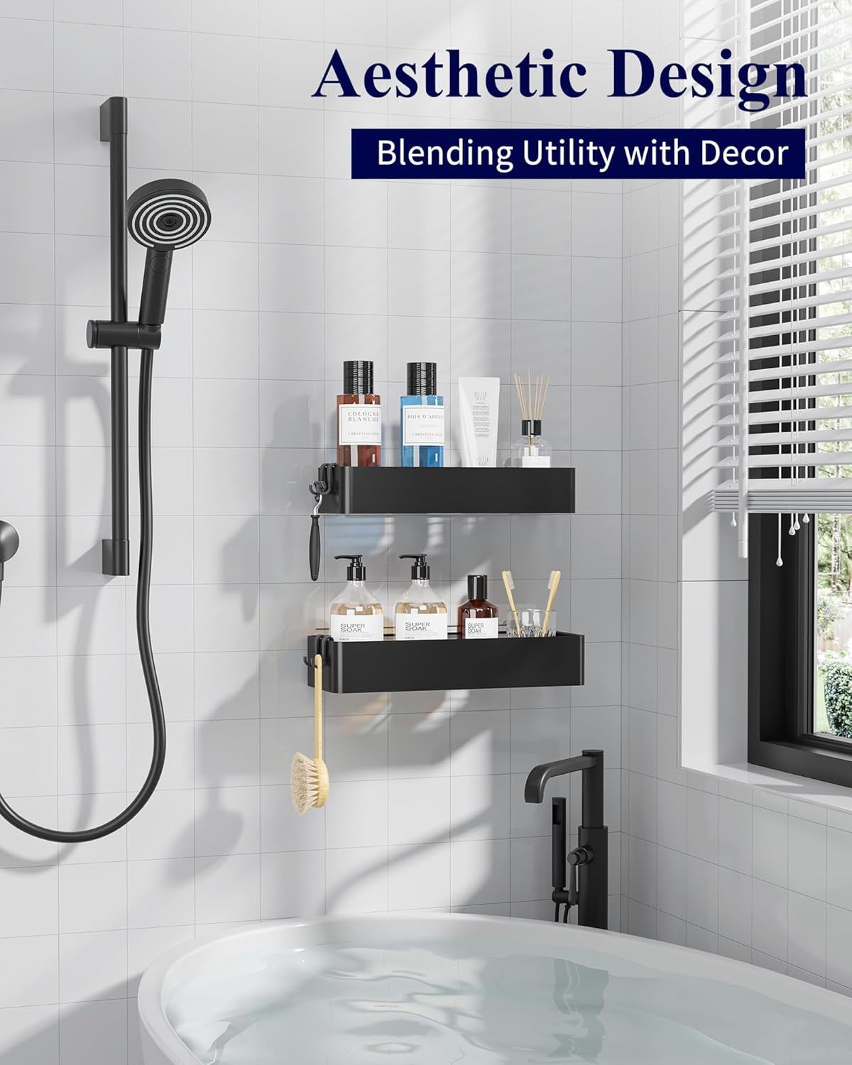 Shower Caddy - 2 Pack Adhesive Shower Organizer, Rustproof Metal Shelves, No-Drill Bathroom Organizers and Storage, Black, XX-Large