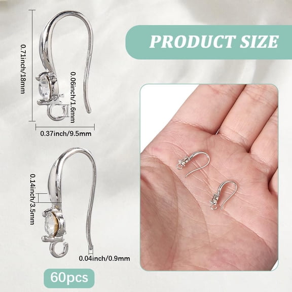 1 Box 60Pcs Rhinestone Earring Hooks French Hook Ear Wires Brass Earwire with Open Loop U Shape Fishhook Accessories for Jewelry Making Supplies DIY Dangle Earrings Women 0.7 x 0.4 Inches