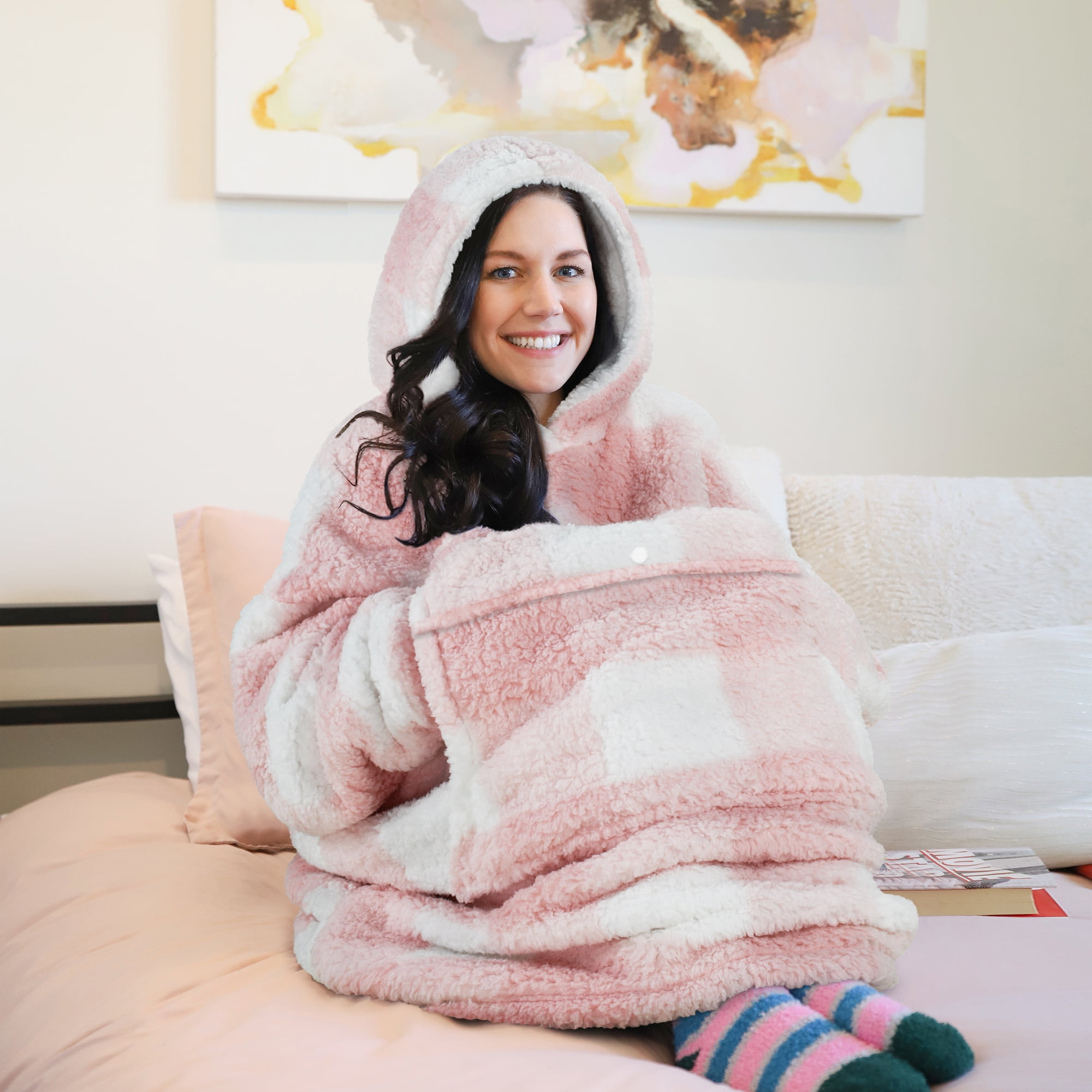 Catalonia Pink Plaid Oversized Wearable Blanket Hoodie Sweatshirt, Comfortable Sherpa Lounging Pullover for Adults Men Women Wife Girlfriend, Gift for Her