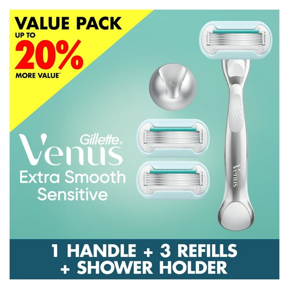 Venus Extra Smooth Sensitive Women's Razor with Reusable Razor Handle, 3 Razor Blade Refills and Shower Holder