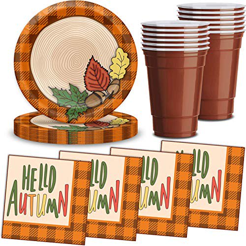 Fall Season Thanksgiving Party Supplies For 48 Large Plates With Leaf Design Brown Plastic Cups Pumpkin Color Napkins Great Autumn Decorative Tableware Set Walmart Com Walmart Com