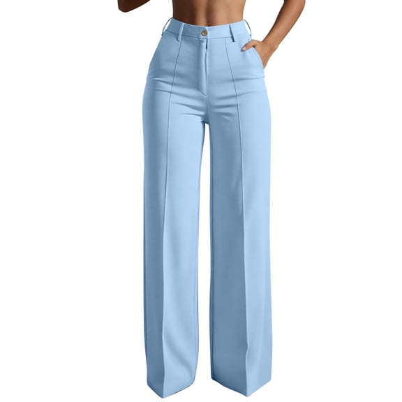 Admvng Women's Dress Pants Solid High Waist Button Closure Wide Leg Trousers