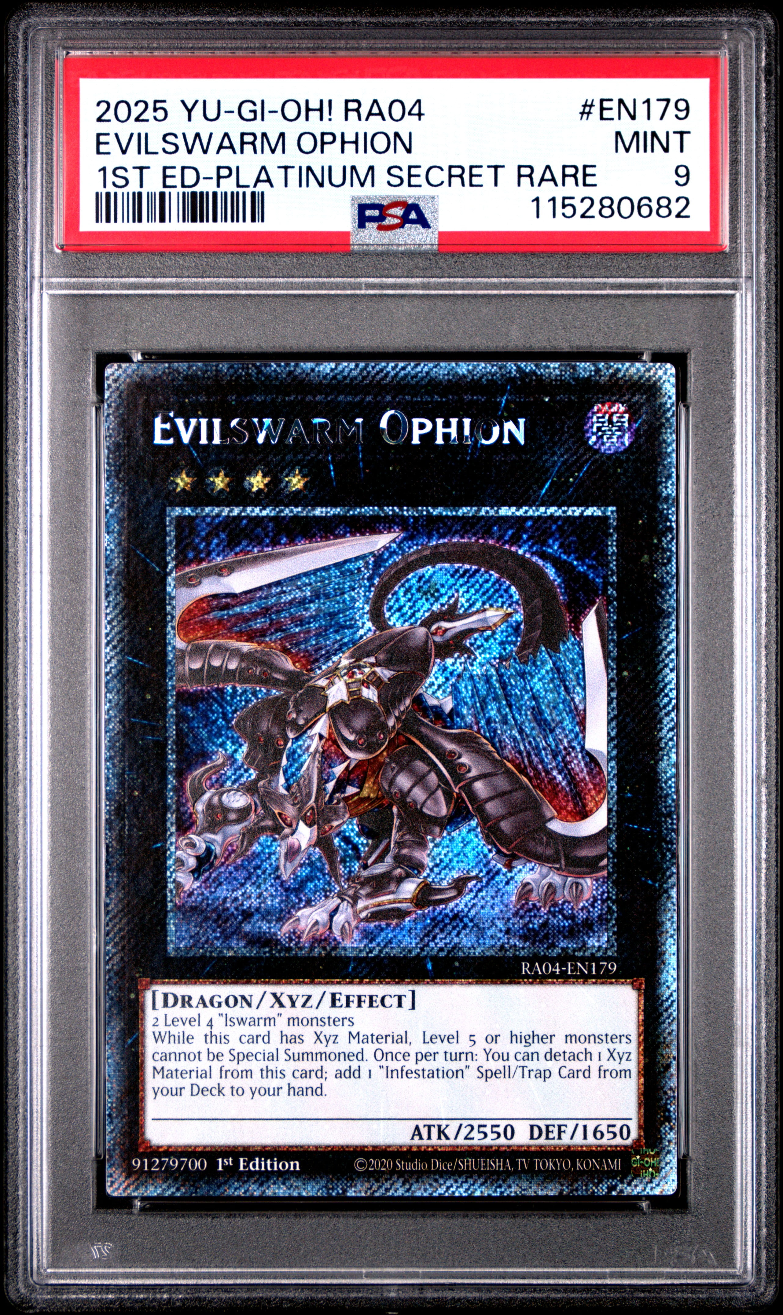 Yu Gi Oh! TCG, PSA Graded 9 MINT, Evilswarm Ophion 1St Ed Platinum Secret Rare #EN179, Ra04 Quarter Century Stampede, Fully Encapsulated Bundle with Compatible Yu Gi Oh! Hard Sealed Case