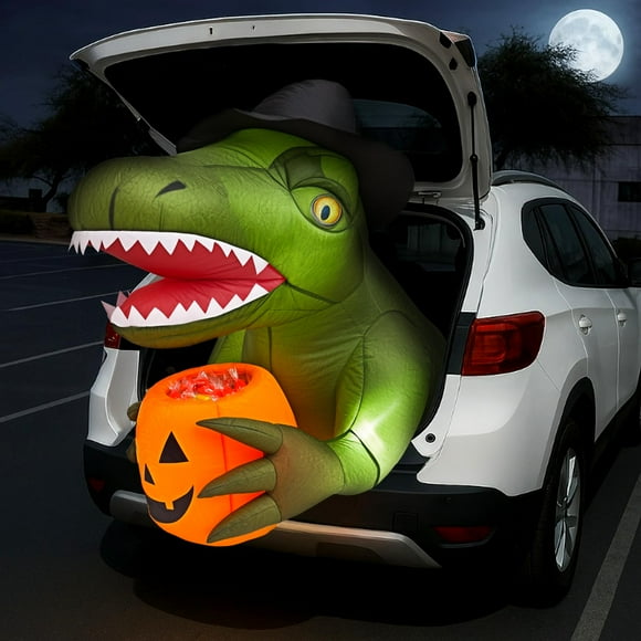 Minetom 3.44 FT Trunk or Treat Car Decorations Kit, Quick-Inflating Halloween Inflatable Outdoor Decorations, Blow-Up Animated Dinosaur Trunk Decor with 4