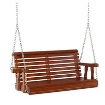 SAZYY 46 Inch Wooden Patio Swing, 2-Person Porch Loveseat with Cup Holders & Hanging Chains for Outdoor Garden Brown