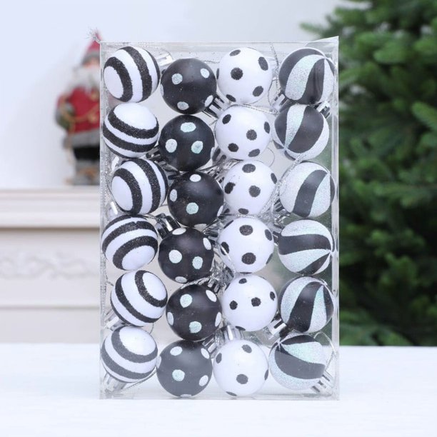 Colgante 24 mini adornos navideños de bolas de cristal blancas y negras con lunares y espirales para decorar el árbol, 3 cm Rkxzt