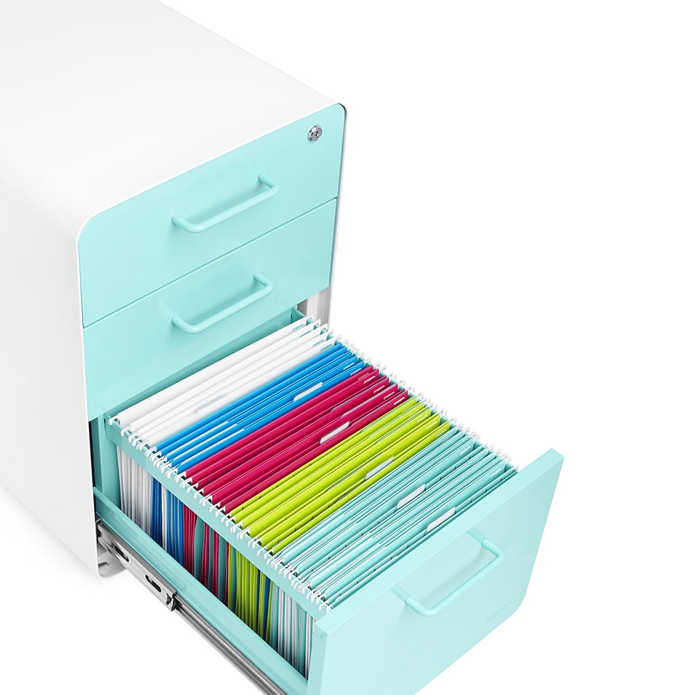 Poppin White + Aqua Stow 3-Drawer Vertical File Cabinet With Lock