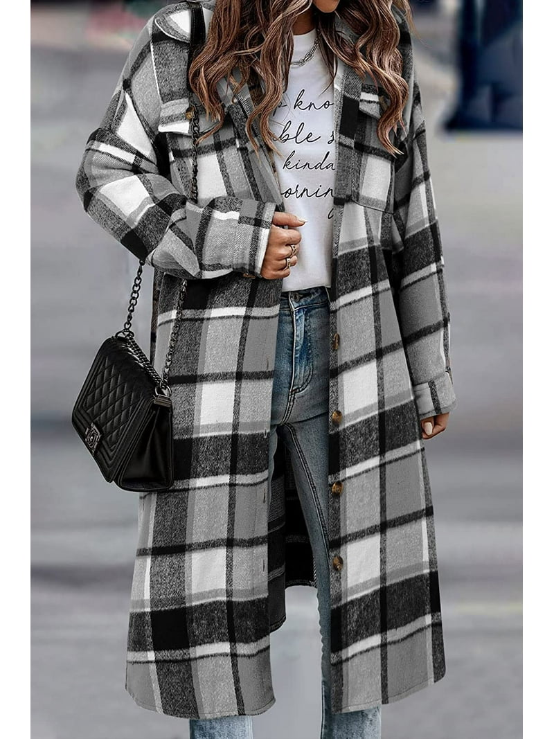 Women's Long Flannel Plaid Jacket Shacket Cozy Lapel Button