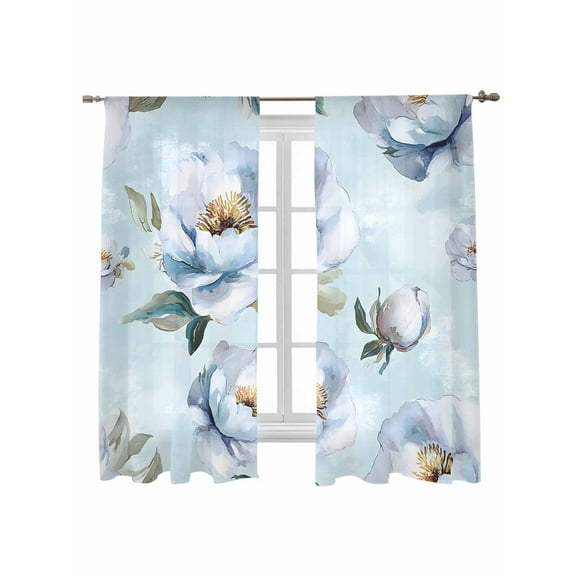 Blue Gradient Flower Sheer Curtains 63 Inch Long 2 Panels, Blue Floral Plant Light Filtering Rod Pocket Semi Sheer Curtains, Sheer Voile Drapes for Living Room Bedroom, 52"x63"