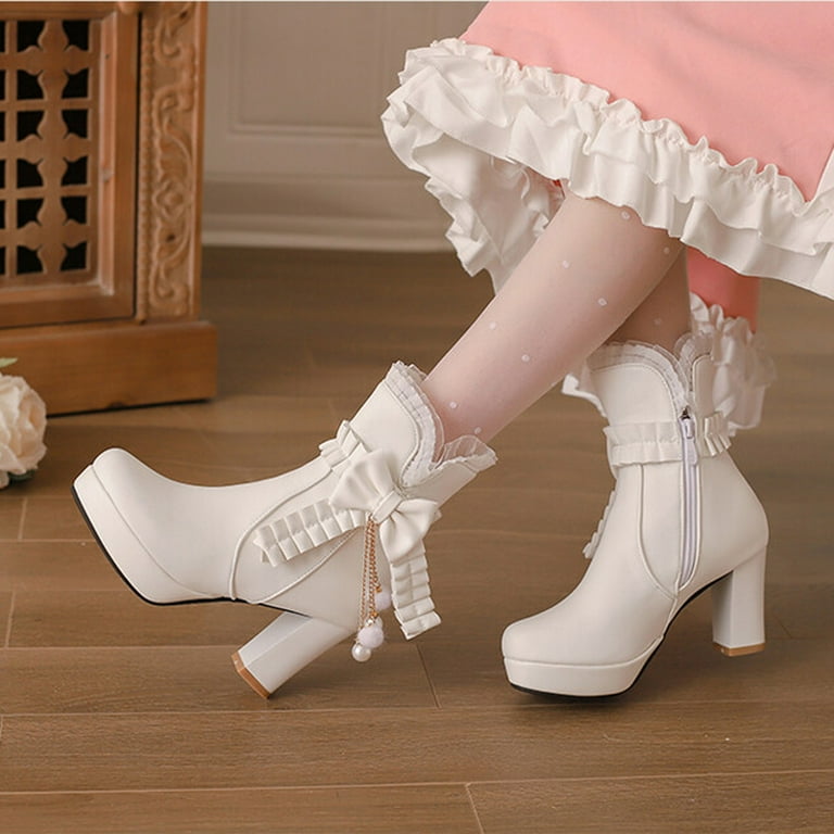 Hopeusnice Women's Platform Ankle Boots Chunky Heel Bowknot Buckle Zipper Boots Faux Leather Winter Warm Booties Dress Boots White 42