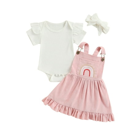 

jaweiw Baby Girls White Ruffle Short Sleeve Ribbed Romper + Rainbow Print Suspender Skirt + Headband