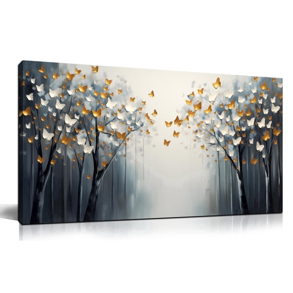 Abstract Golden Butterfly Tree Wall Art, Grey Teal Forest Landscape Canvas Picture, 40x20 Inch Modern Artwork for Living Room Bedroom Home Decor
