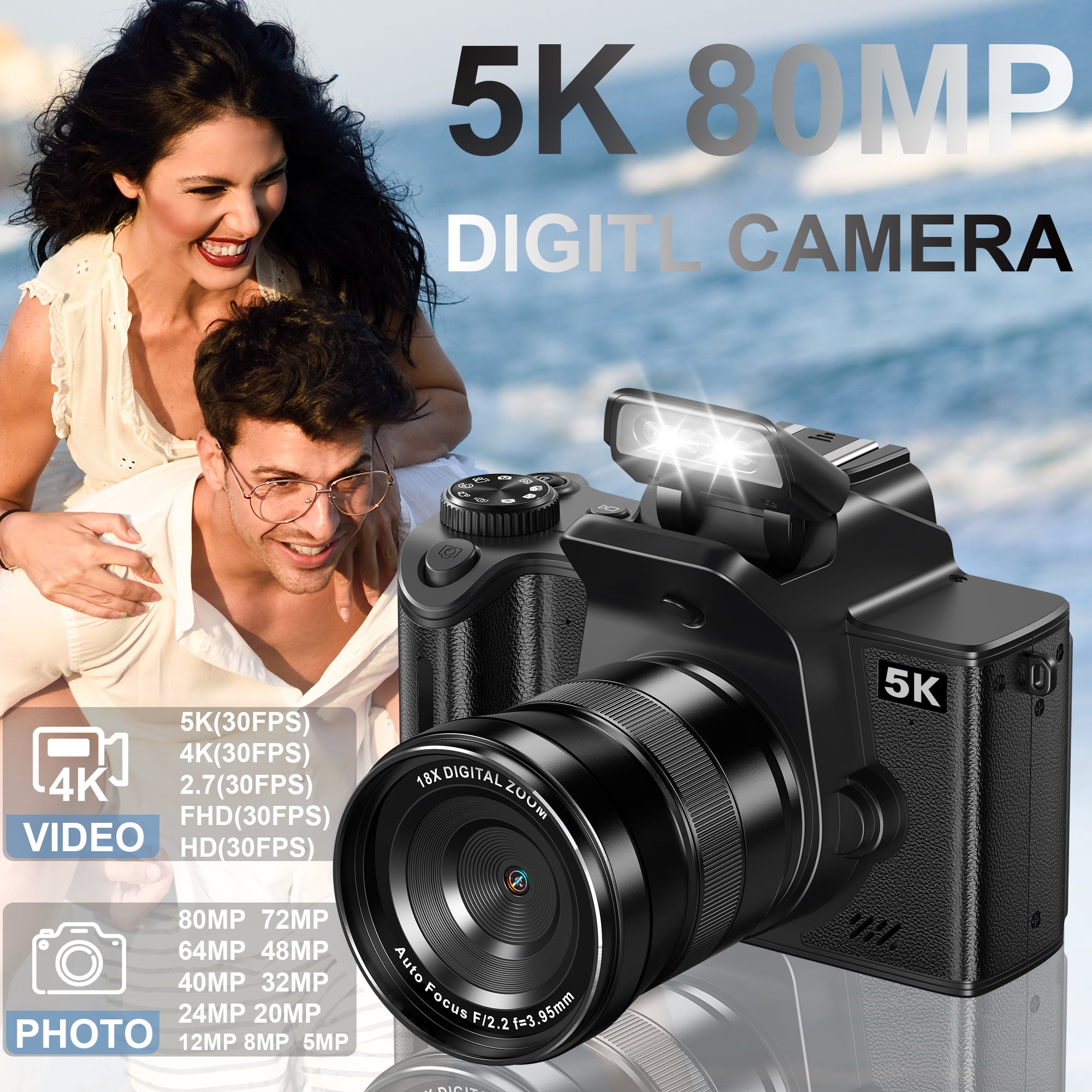 MARVUE Digital Camera with 5K UHD Video, 80MP, 18X Zoom, One-Touch Macro, 32GB SD Card