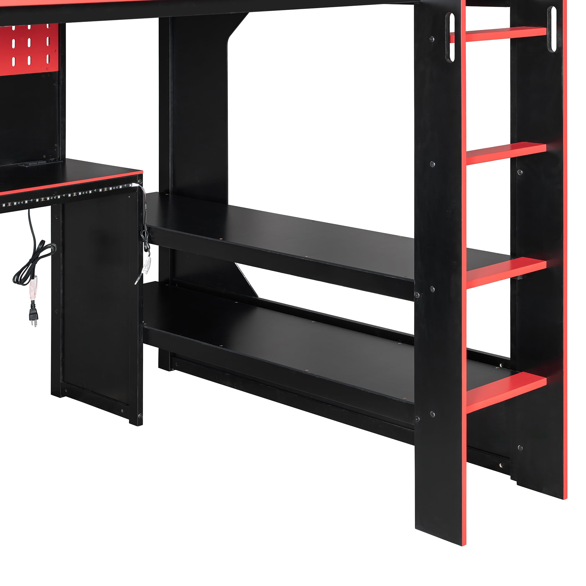 Aukfa Full Size Gaming Loft Bed with Desk, LED Lights, Charging Station & Storage Shelves/Cabinet, Wooden Bed Frame for Kids, Black/Red