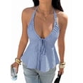 thumbnail image 3 of Women Striped Front Tie Top Y2k Halter Neck Flowy Summer Going Out Tank Top Streetwear Light Blue L, 3 of 9