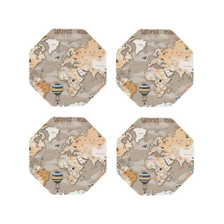 

Vsdgher World Map With Animals Leather Coasters for Drinks Durable Drink Coasters 4 Set for Tabletop Protection Luxurious Home Décor and Housewarming Gift-Octagon