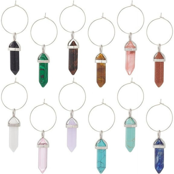 1 Box 12 Sets Wine Glass Charms Gemstone Identifier Tags Drink Markers Tags with Pendant and Hoop for Cocktail Champagne Wedding Birthday Wine Tasting Party Decoration