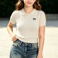 thumbnail image 5 of jobturf Girls Peter Pan Collar Short Sleeve Knit Top Bow Embroidery Cropped Sweater Tee School Uniform Tshirts Size 2-15 Years, 5 of 7