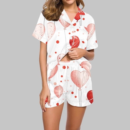 YUNAFFT Romantic Valentine Print Lapel Collar Pajama Set with Pockets Short Sleeve Top and Shorts for Women