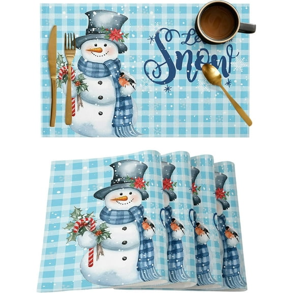 Snowman Christmas Placemats Set of 6, Let It Snow Winter Holiday Heat Resistant Washable Table Place Mats Blue White Buffalo Plaid Table Linens Party Holiday Decor for Kitchen Dining Outdoor Indoor