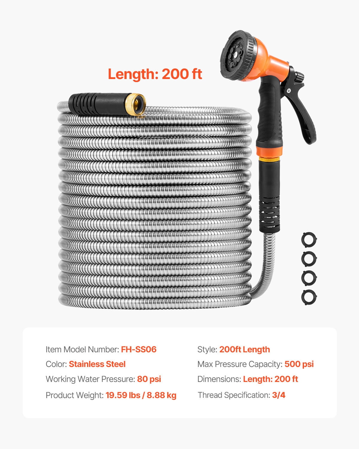KFFKFF 200 ft Metal Garden Hose, Durable Stainless Steel Water Hose with 10-Function Spray Nozzle, Flexible & No-Kink, Lightweight Outdoor Water Pipe for Yard, Garden