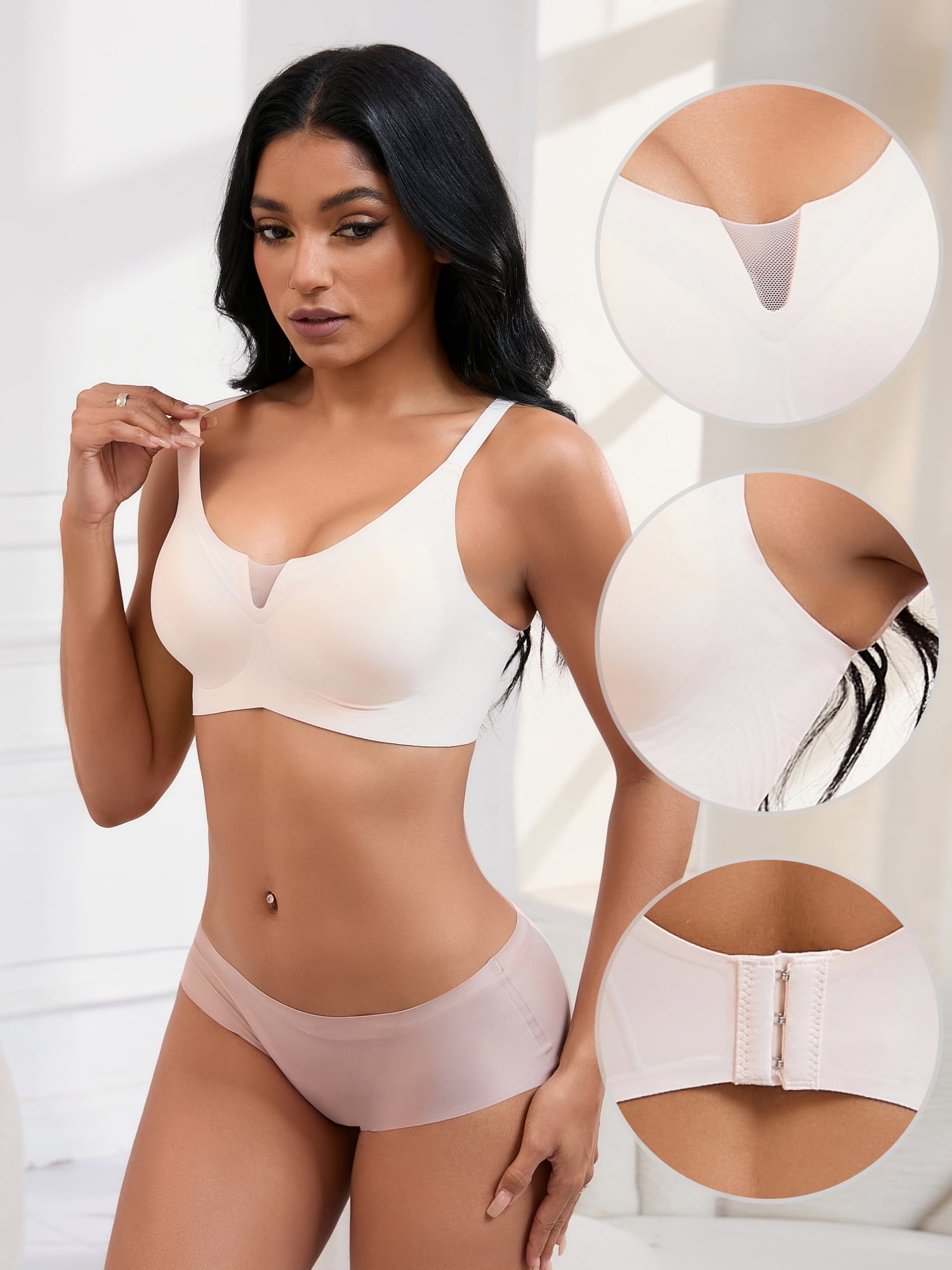 DARING DIVA Women's Push Up Mesh Wirefree Bras Adjustable Straps Padded Bras L Beige