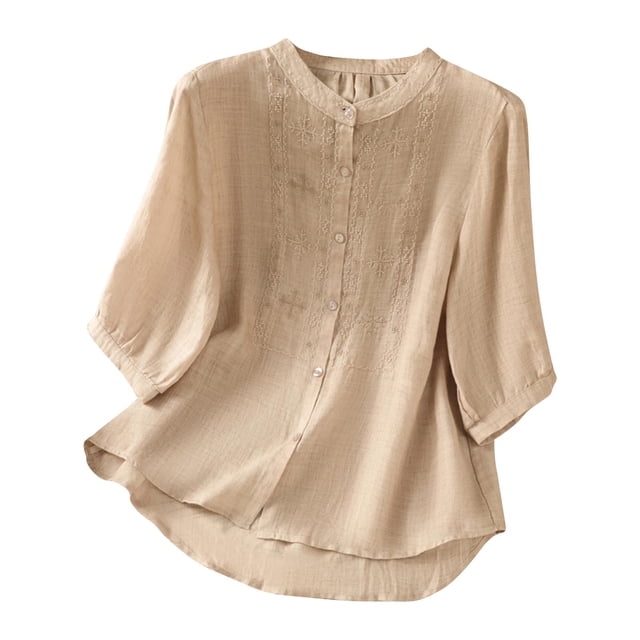Vestidos Casuales Para Mujer, Blusas De Mujer De Moda Blusa de lino sintético con botones bordados y mangas 3/4 con cuello alto para mujer