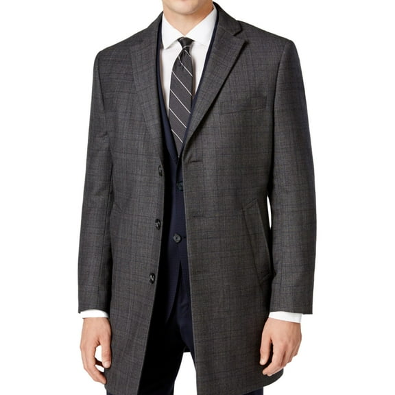 Calvin Klein Mens Plaid Overcoat Dress, Grey, 40S