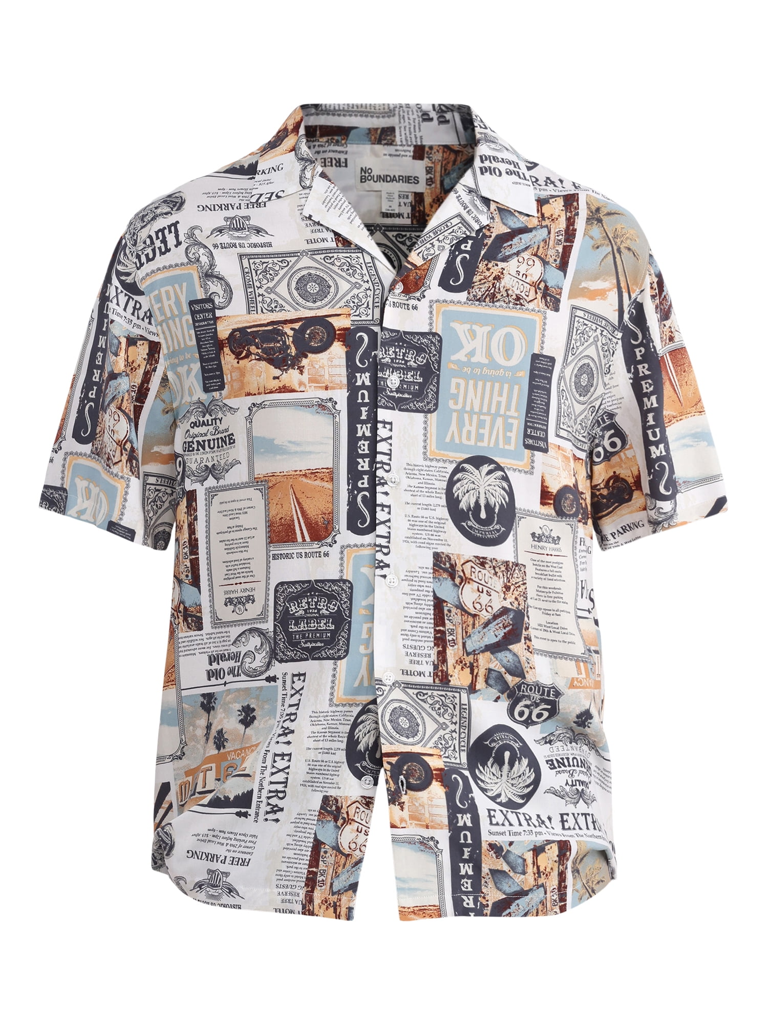 No Boundaries Men's & Big Men's Rayon Print Button Up Shirt with Short Sleeves, Sizes XS-5XL