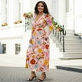 thumbnail image 3 of FKELYI Fall Maxi Dress for Women Long Sleeve V Neck Wedding Guest Dresses Pink Colorful Flower Print Flowy A-Line Elegant Dress with Pockets, 2XL, 3 of 6