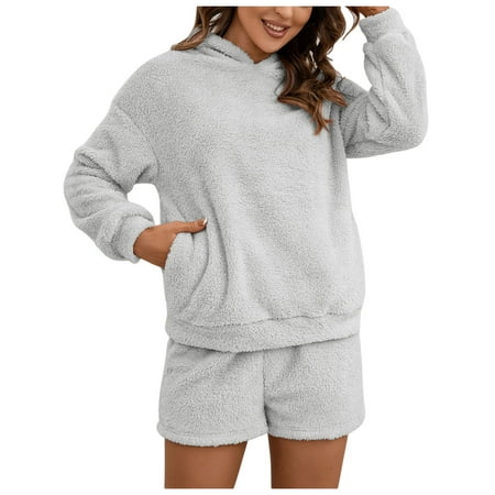 

Binpure Female Pajama Suit Solid Color Long Sleeve Hooded Tops+ Short Pants