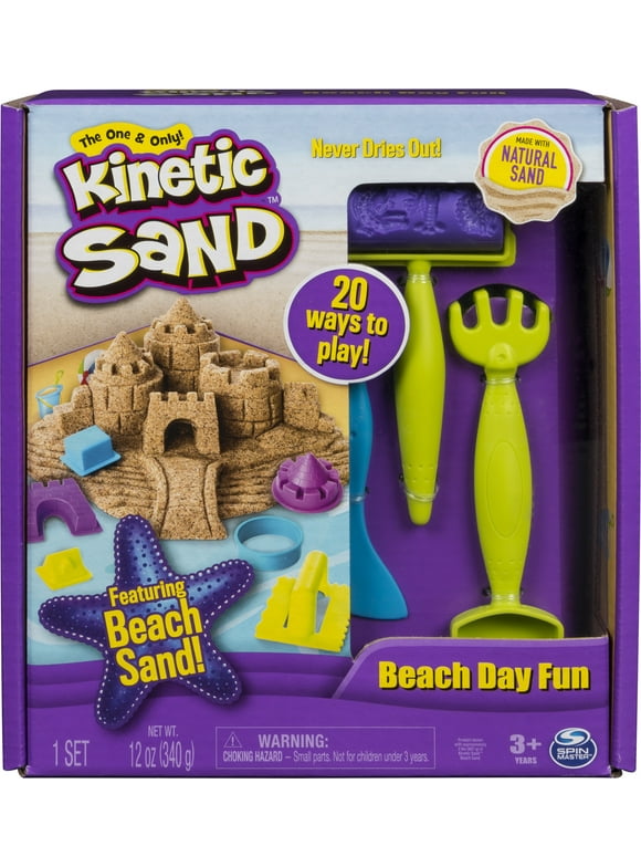 Kinetic Sand, Beach Day Fun Playset with Castle Molds, Tools and 12 oz. of All-Natural Kinetic Beach Sand, Play Sand Sensory Toys for Kids Ages 3 and up