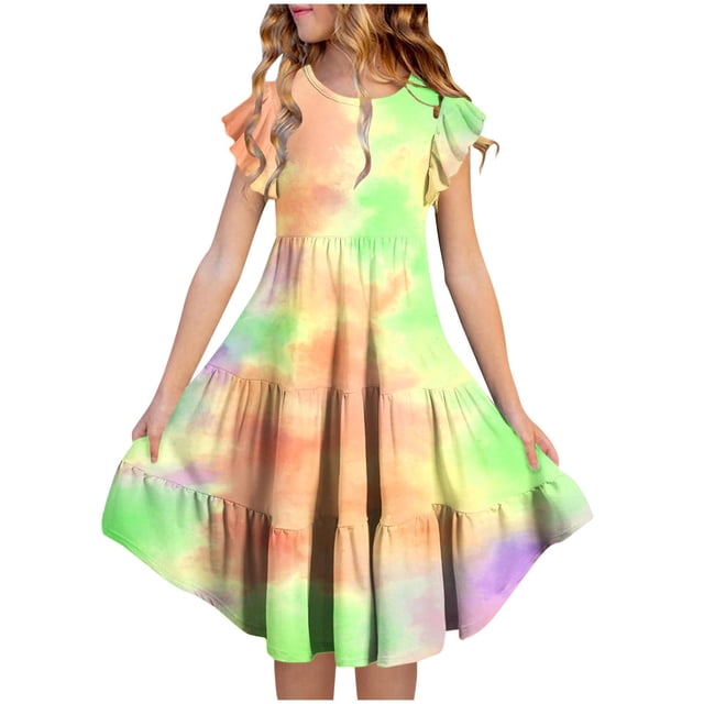 QTBIUQ Robe Dégradée à Col Rond pour Filles, Robe Patineuse Tournoyante à Manches Courtes, Ligne A, Extensible, Robe de Récital et de Fête pour Enfants, École, Jeu, Vacances, Séances Photo (Orange, 11 Ans)
