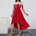 thumbnail image 6 of Womens Off Shoulder Midi Dress Lace Trim High Low Hem Cocktail Dress Graduation Wedding Guest Christmas Party Dress (XL, Red), 6 of 7