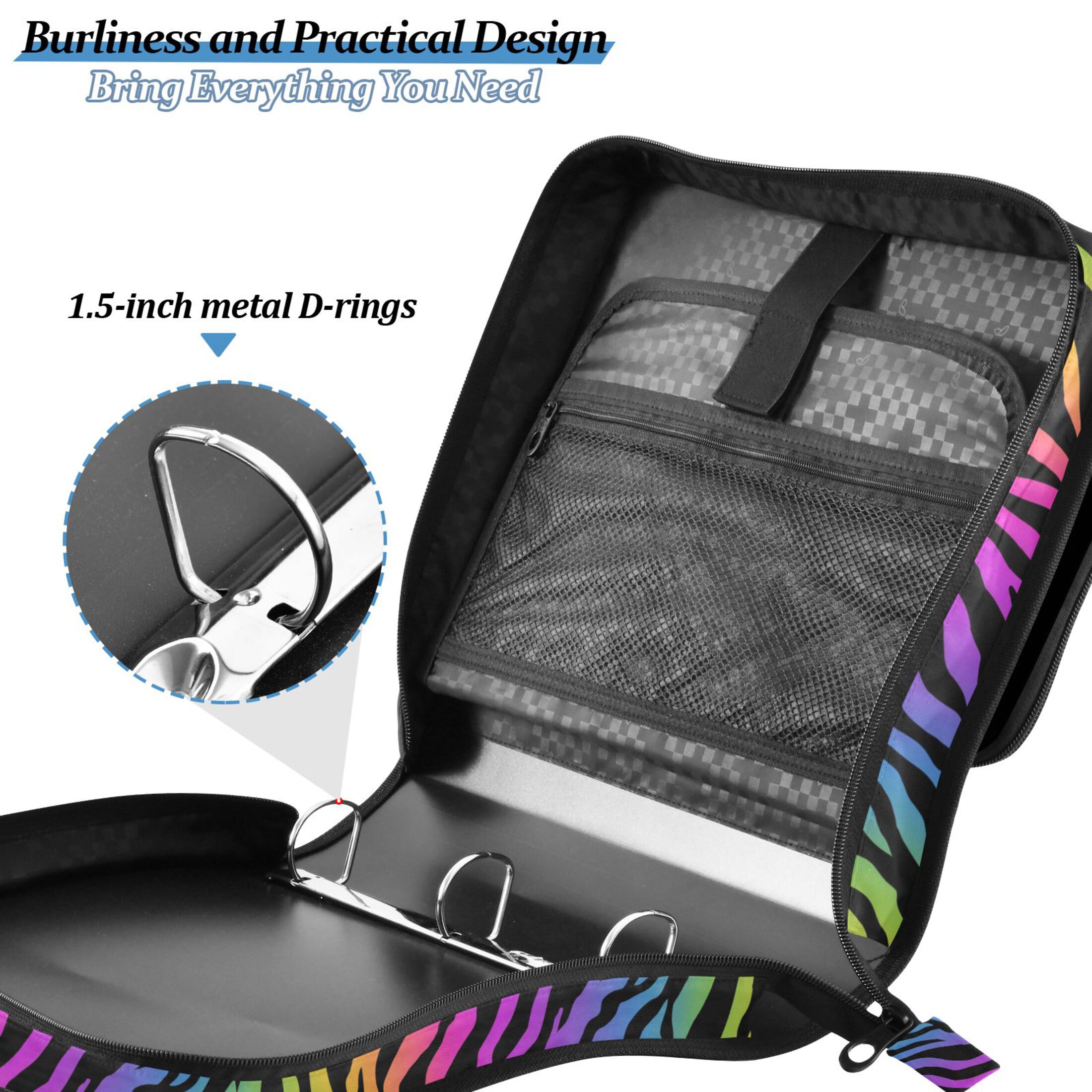 Zipper Binder Rainbow Zebra Stripes 1.5 Inch Binder Folder Bag with Shoulder Strap and Handle