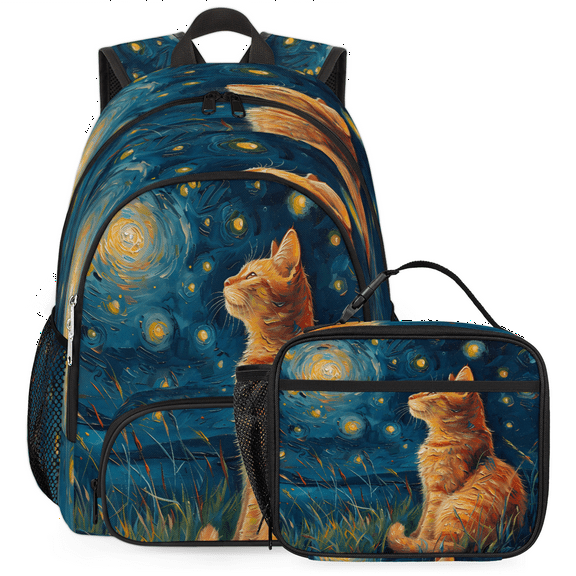 Herdesigns Cat Themed Large Backpack Set with Lunch Box Lightweight Water Resistant Travel Laptop Backpacks Casual Daypacks for Women Men