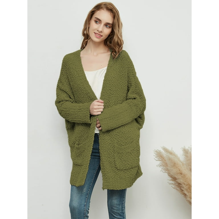 Women's Cardigans Batwing Sleeve Ribbed Knit Duster Cardigan (Color :  Khaki, Size : Large)