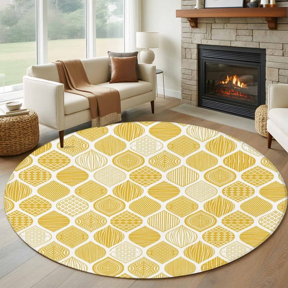 Round Area Rugs Collection 6 Ft, Yellow Geometric Non-Slip Residential Carpet, Morocco Modern Abstract Plaid Art Indoor Crawling Mats Runner Rugs for Living Room/Dining Room/Bedroom