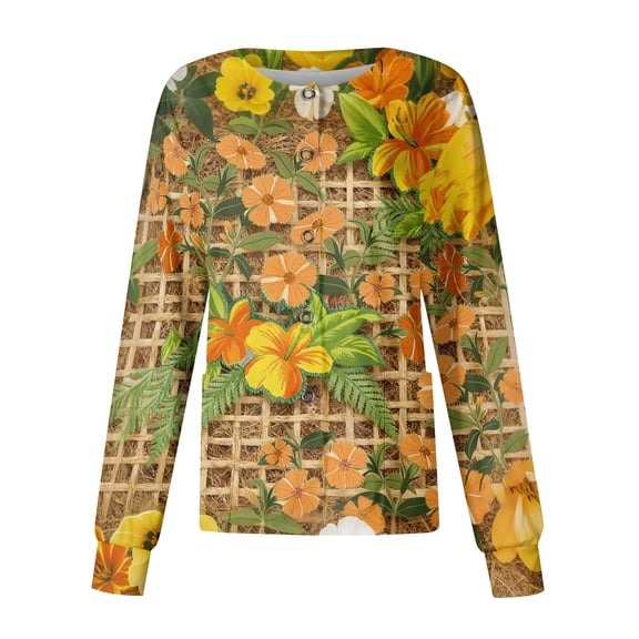 Scrubs for Women Long Sleeve Snap Front Lightweight Women's Medical Scrub Jackets Cute Hawaiian Tropic Scrub Jackets Soft Comfy Nurse Shirt Light Brown XL