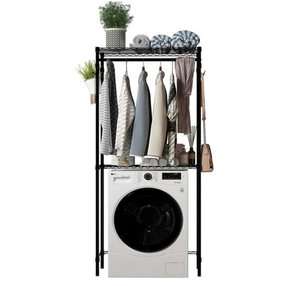 KABB 28"W x 14"D x 71"H Clothes Drying Rack, 2-Tier Adjustable Shelving with 2 Side Hooks, Black